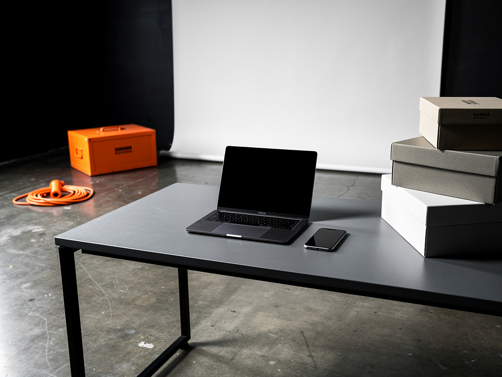 A clean graphite desk in the studio with a laptop, a phone and a stack of shoe boxes, nobody in frame.