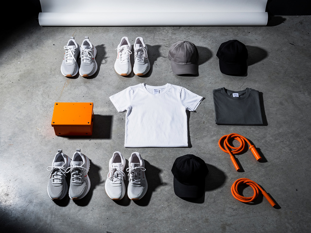 A grid of different sneakers, tees and caps neatly laid out on the concrete floor from above.