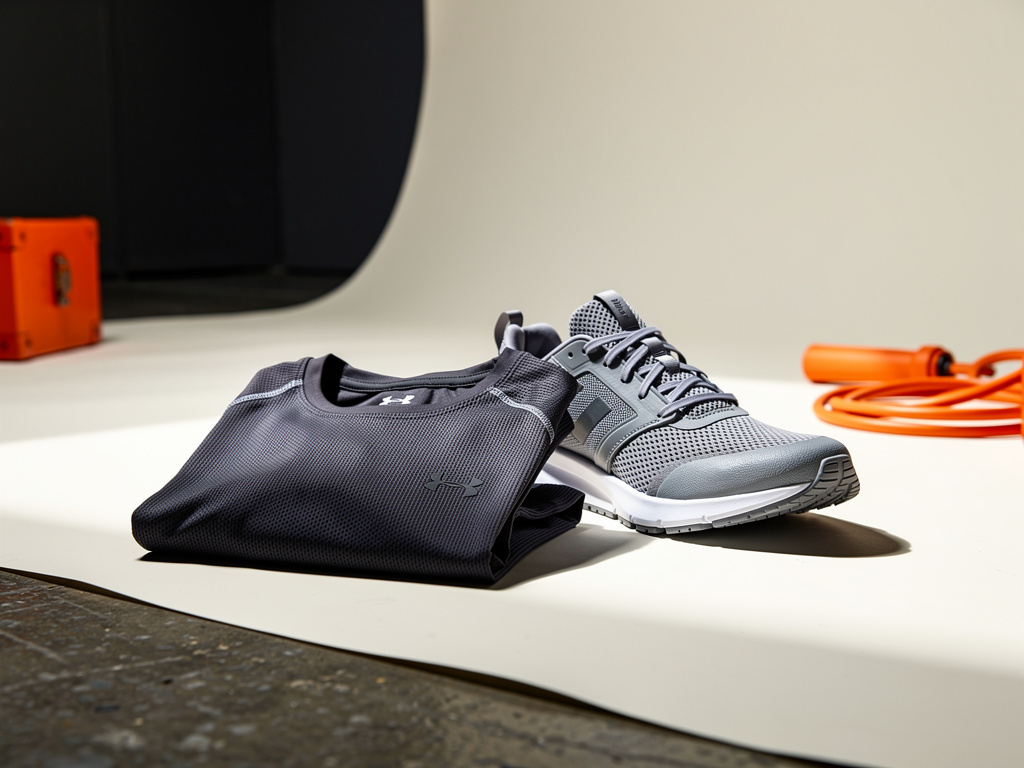 A close-up of a single folded training top beside a sneaker on the off-white backdrop, textures in sharp focus.