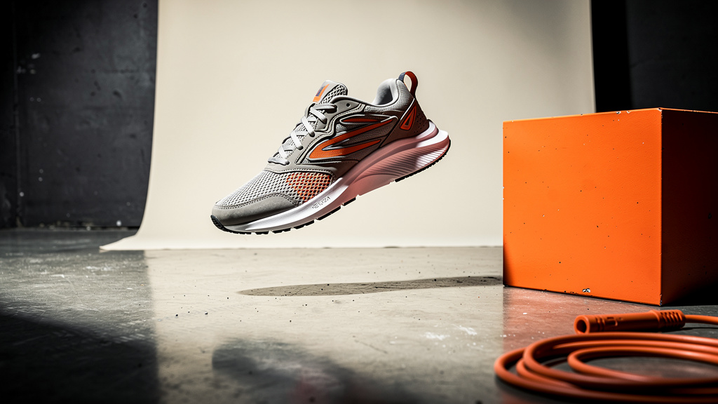 A bold running sneaker suspended mid-air against the off-white backdrop with a sharp shadow on the concrete floor and an