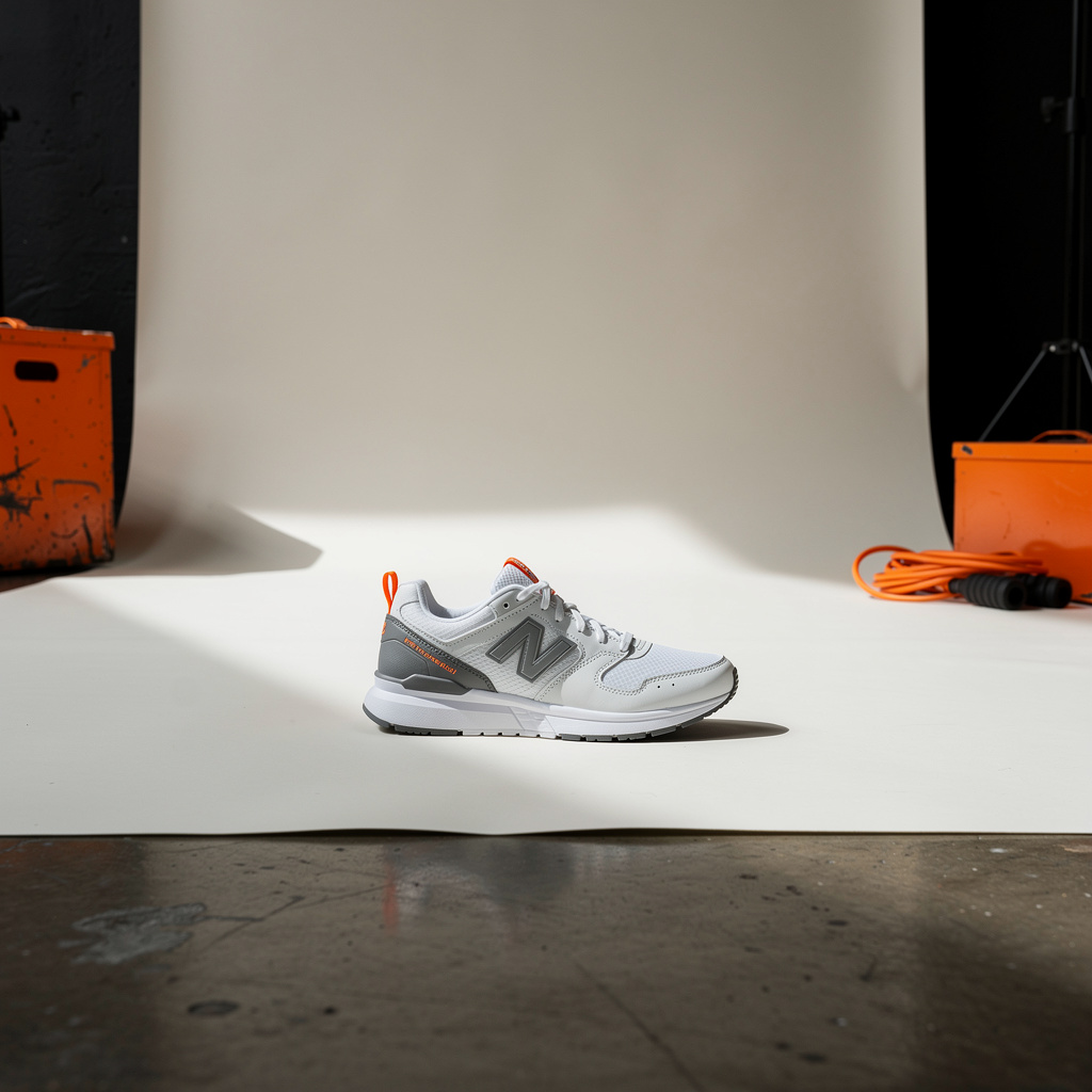 An unbranded white-and-graphite training sneaker with orange accents resting alone on the off-white seamless backdrop.