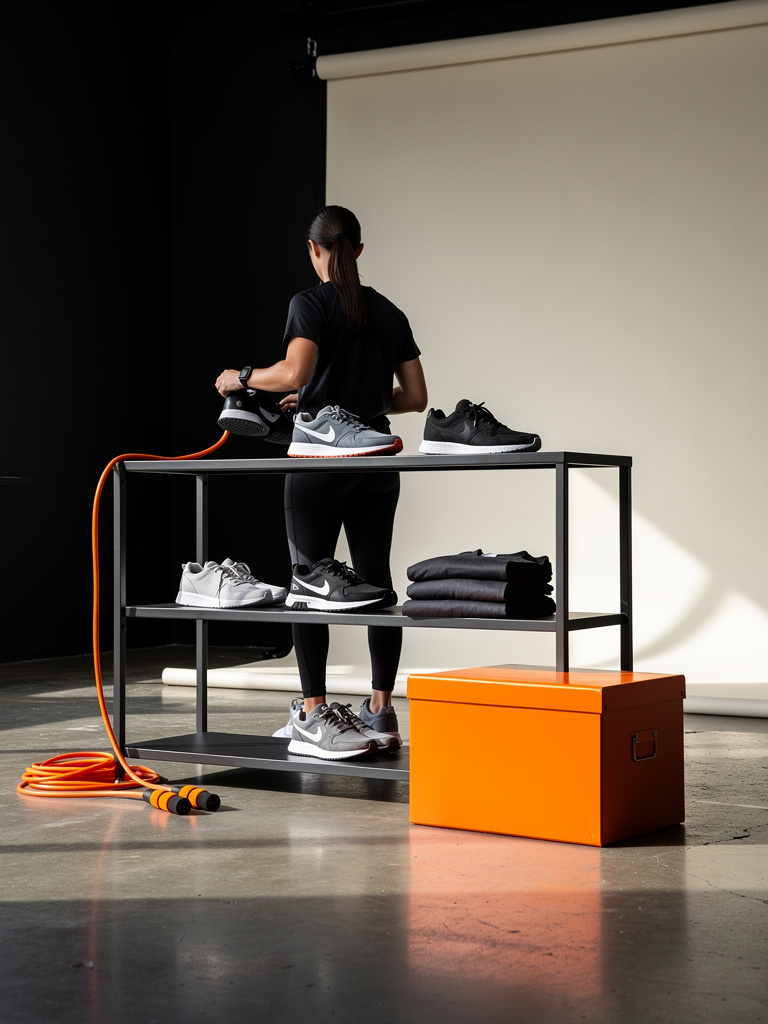 A stylist seen from behind arranging sneakers and folded training tees on graphite shelves in the studio, face out of fr